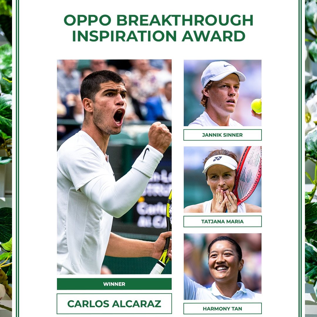 Congratulations to Carlos Alcaraz, who wins the OPPO Breakthrough Inspiration Award at Wimbledon 2022